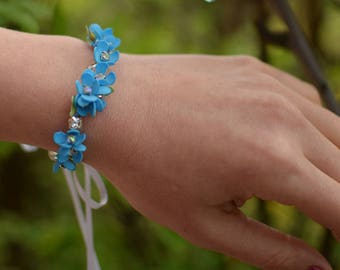 Blue flower wedding bracelet, forget me not bridal bracelet, blue wedding jewelry, rhinestone bracelet