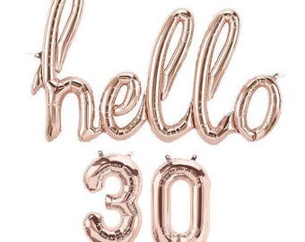 Large "Hello 30" Rose Gold Script Foil Balloon, Number Balloons Birthday, Party "Same Day Shipping"