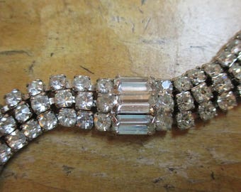 Vintage Mid Century Multiple Row Crystal Rhinestone Bracelet Silver Tone Setting Prong Set Clear Foil Back Rhinestones