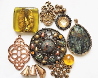 craft lot destash of salvaged metal and glass primitive distressed jewelry components//gold turquoise blue copper--mixed lot of 10+ items