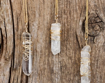 Wire wrapped white quartz crystal necklace, 14k gold, crystal necklace