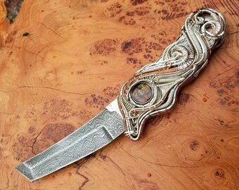 Damascus Steel Tanto Japanese Style Silver and Copper Wire Wrapped Knife