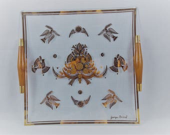 Vintage Georges Briard Glass Square Tray Wood Handles Sonata