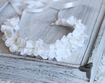 Tie back, White Hydrangea, Headband, Flower Girl, First Communion Accessories, Baptism Crown, Christening Crown