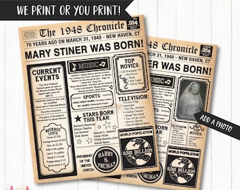 70th Birthday Poster, 70th Birthday Newspaper - Back in 1948, 70th Anniversary Poster. Digital OR Printed. 70th Birthday Gift.