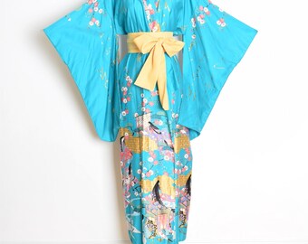 vintage 90s kimono, teal kimono jacket, geisha print kimono, duster jacket, metallic print, pagoda print, printed kimono, cotton kimono