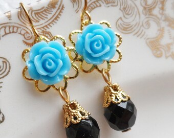 75% Off Price Sale, Blue Rose Flower, Gold Tone Filigree, Czech Glass Bead