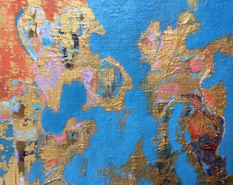 Original Acrylic Abstract Painting 8 x 10 on Canvas Panel Blue Orange Gold Modern Wall Art