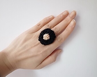 Irish Crochet Lace Jewelry (Attraction) Statement Ring, Fiber Jewelry, Crochet Ring, Pearls
