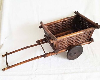 Vintage Folk Art Bomboo Wood Wagon Cart Basket