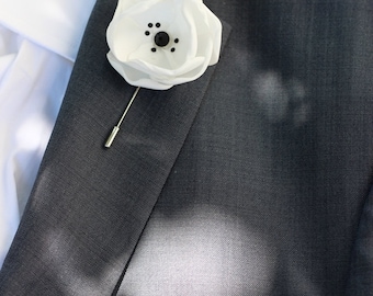 White satin flower with Swarovski crystals, mens boutonniere, lapel pin, groomsmen white boutonniere, mens lapel flower,