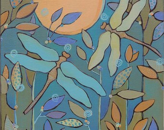 Painting on Canvas, Original Acrylic,dragonflies, nature theme, 12 x 12 inches,home decor