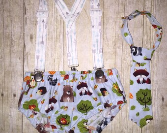 Boys Cake Smash Outfit - Woodland Animals and Arrows - Diaper Cover, Tie & Birthday Hat - First Birthday Set - Boys First Birthday