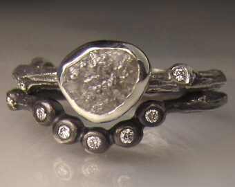 Rough Diamond Ring, Raw Diamond Twig Ring, Rough Diamond Engagement Set