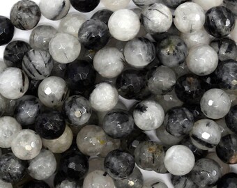 10mm faceted black rutilated quartz round beads 15" strand 39105