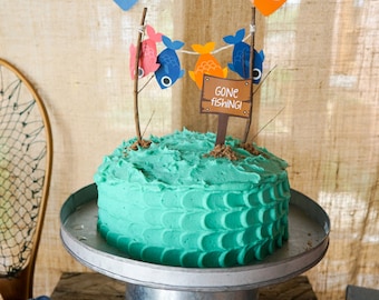 Gone Fishing Party Cake Topper - O-Fish-Ally Party Cake Topper - Instant Download and Edit File at home with Adobe Reader - Print at home