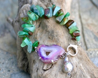 Purple Druzy Crystal, Chrysoprase Gemstone, Edison Pearl Charm, Boho Bracelet, Druzy and Chrysoprase, Statement Bracelet, Green, Purple