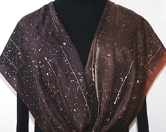 Silk Scarf Brown Chocolate Caramel Hand Painted CHOCOLATE SKIES. Size 11x60. Hand Dyed Silk Shawl. Birthday Gift. Christmas Gift