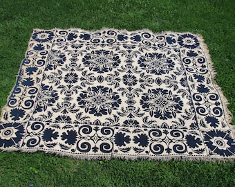 Textiles, Jacquard Coverlet, Blue and White, Double Weave, Reversible, Mid 1800's