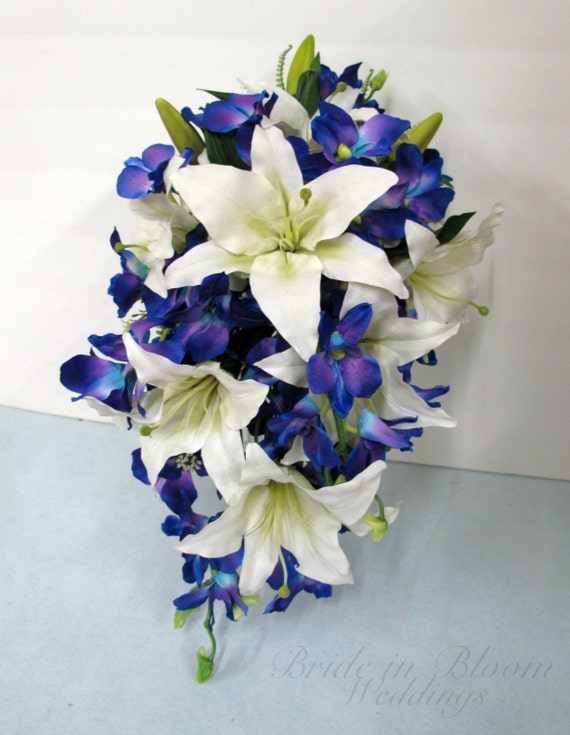 Items similar to Cascade bouquet - Blue orchid white lily cascade ...