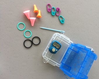 Notions, Stitch Markers, LCD Row Counter, Needle Protector Tips, Tapestry Needle, Really Handy Box of Hand Knitting Notions, Plastic Box