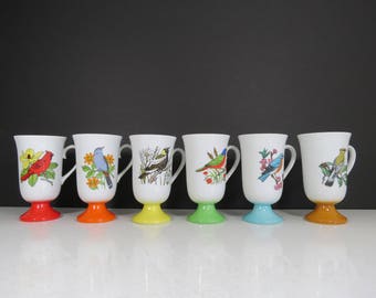 Fred Roberts Bird Mugs Set // Vintage Mid Century Retro Colorful Pedestal Base Coffee or Tea Cups Bird Lover Gift Idea Set of Six 6