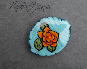 Orange Tattoo Style Rose on Celadon Green, Lampwork Focal Bead
