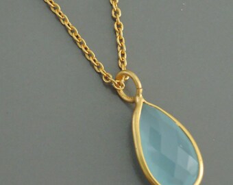 Chalcedony Necklace - Gold Necklace - Gemstone Necklace - Blue Chalcedony Necklace - Teardrop Necklace - handmade jewelry