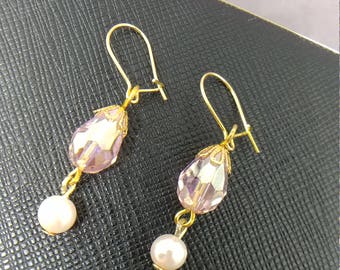 Lenore: Light pink crystal teardrop with glass pearl