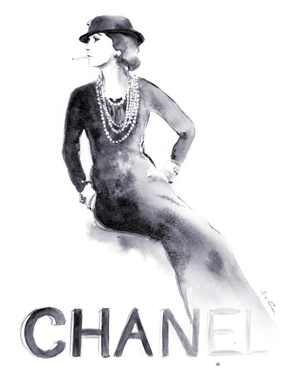 Coco Chanel Black and White Watercolor Painting Illustration