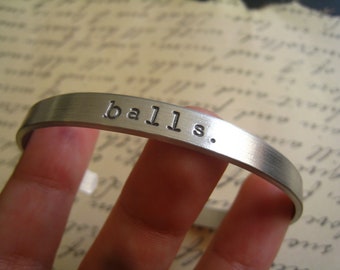 Dr. Horrible "Balls" Bangle, Dr. Horrible's Sing-a-Long Blog, NPH, Hand Stamped Aluminum, Snarky and Silly, Sarcastic, gift wrapped