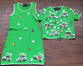 Vintage 90s Michael Simon Fore! RARE Embellished Golf Club Golfer Golfing Cardigan Knit Sweater & Dress Set Small