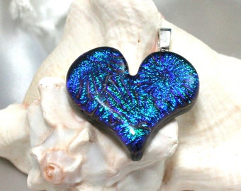 Green Turquoise Heart Fused Glass Pendant Dichroic Heart, Fused Glass Heart, Dichroic Pendant, Blue Heart Jewelry, Handmade Heart