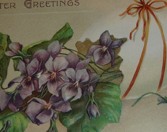 Reihe von Veilchen mit Osterei antike Postkarte