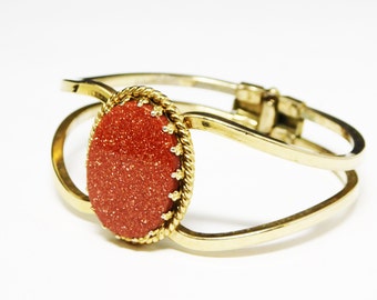 Goldstone Hinged Cuff Bracelet - Hinged Bangle Bracelet - Oval Goldstone - Mid Century Modern 1950's Vintage Jewelry