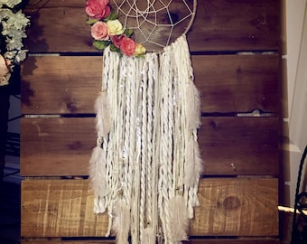 Large Vintage dream catcher with flowers, shabby chic, nursery decor, off white dream catcher, boho dreamcatcher, pink coral dreamcatchers,