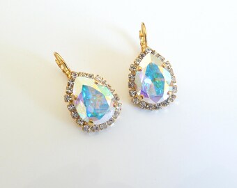 Swarovski AB and Gold Teardrop Leverback Earrings-Swarovski Crystal AB Pear Earrings-AB Leverback Earrings-Swarovski Teardrop Earrings-- 721