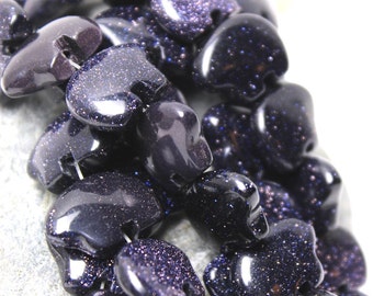 Six RARE Blue Goldstone Zuni Style Bear Fetish Beads Sparkling Indigo Black Ink Glass Glitter Southwestern Desert Totem Animal Woodland