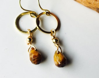 Brass Hoop and Tiger Eye Earrings, Dangle Earrings, Hoop Earrings, Brass Hoops, Dangle and Drop Earrings