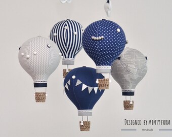 Gray Navy White Hot Air Balloon Mobile Travel Theme Nursery Decor Custom Mobile World Map