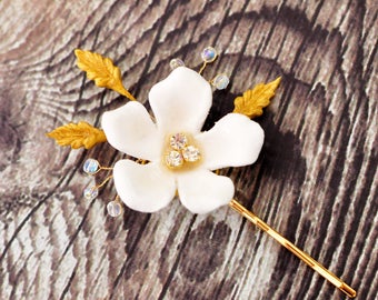 Bridal Hair Pin with clay flower, clay leaves, AB crystals and rhinestones