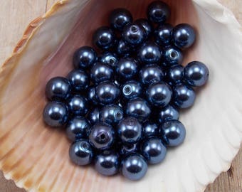 8mm Glass Pearls - Dark Dusty Blue - 50 pieces - Dark Navy - Dark Denim