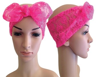 Fluro Neon Pink Floral Lace Madonna Style Vintage 80's Hen Night Rockabilly Head Scarf Hair Band Bow - BobbiePinsVintage