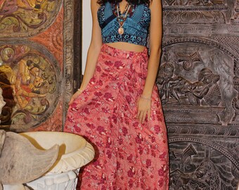 Sherbet Peach Floral Rayon Wrap Skirt Maxi Boho Chic Beach Bikini Cover Up Resort Wear Mauii Sarong Dress For Womens