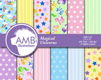 Unicorn digital papers, Magical Unicorn scrapbook papers, Stars papers, lined papers, pony papers, pastel papers, AMB-163