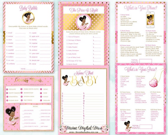 Baby Shower Games Package African American Afro Puffs Pink