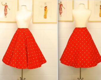 1950's Quilted Red Skirt with Yellow and Black Floral Pattern / Circle Skirt / Pin Up / Rockabilly / Rare Collectable Retro