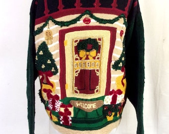 vtg 90s The Eagle's Eye Ugly Christmas Sweater X-Mas Houses Welcome Mat sz XL