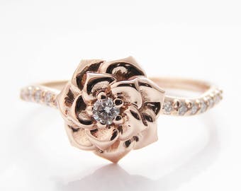 Camellia Flower Ring 14K Rose Gold Diamond Ring Rose Gold Engagement ring Diamond Ring