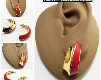 Monet Red Band Half Hoop Pierced Stud Earrings Gold Tone Vintage Folded Wide Band Polished Smooth Curved Dangles Surgical Steel Post